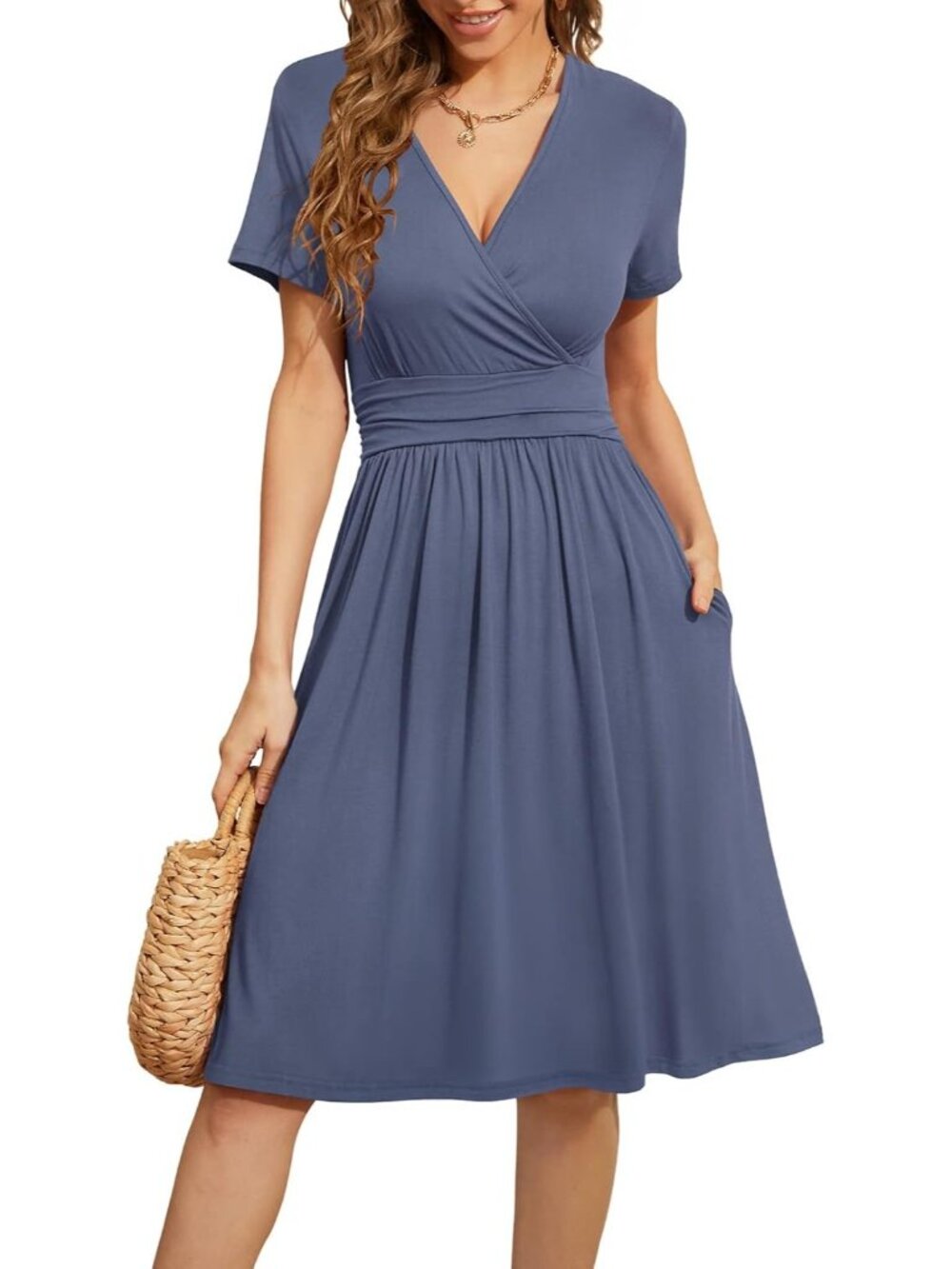 Women's Grey Summer Short Sleeve Casual V-Neck Floral Party Dress with Pocket